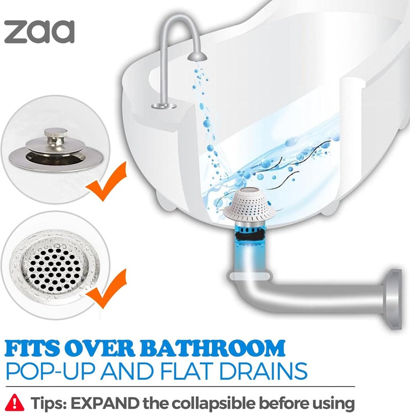 zaa Bathtub Drain Hair Catcher, Silicone Collapsible 2 Pack Drain Protector for Pop-Up and Regular Drains of Shower, Bathtub, Tub, Bathroom, Sink, White - Image 3